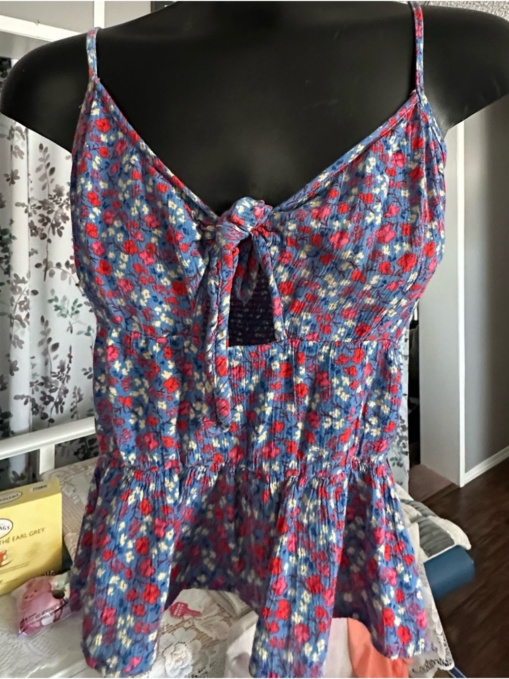 Patrons of Peace Blue Floral Tie-Front Camisole with Pink Accents
